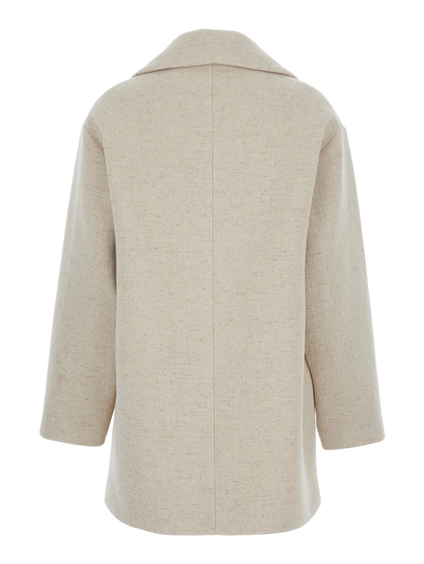 White Coat with Wide Lapels and Logo Printed on the Side in Wool and Silk Blend Woman