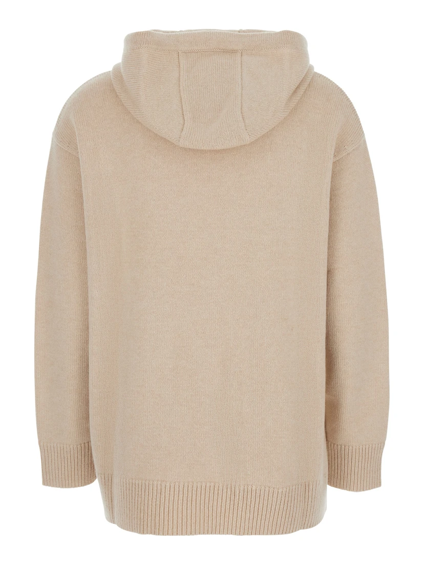 Liana Beige Sweater with Drawstring Hood and Dropped Shoulders in Cashmere Woman