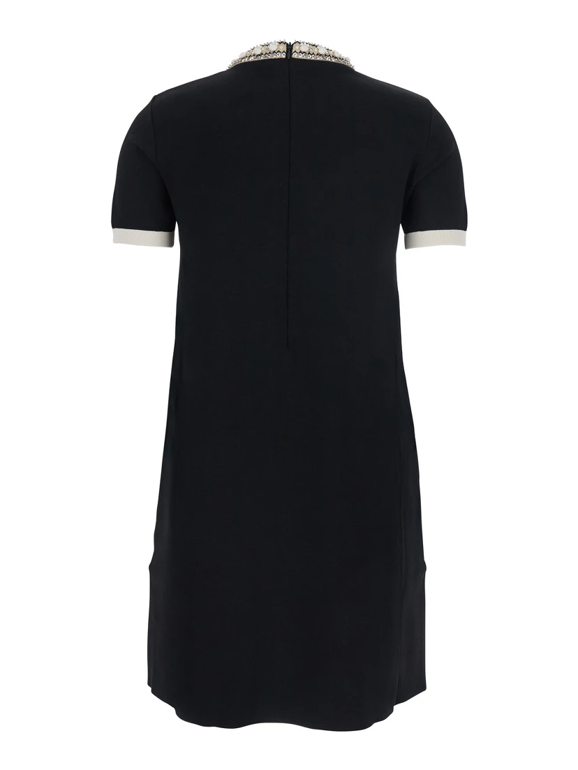 Black Crewneck Dress with Jewel Embellishment on the Collar in Viscose Blend Woman