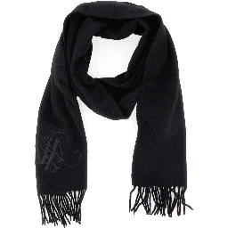 Black Scarf with Logo Embroidery on the Front and Fringed Hem in Wool Girl