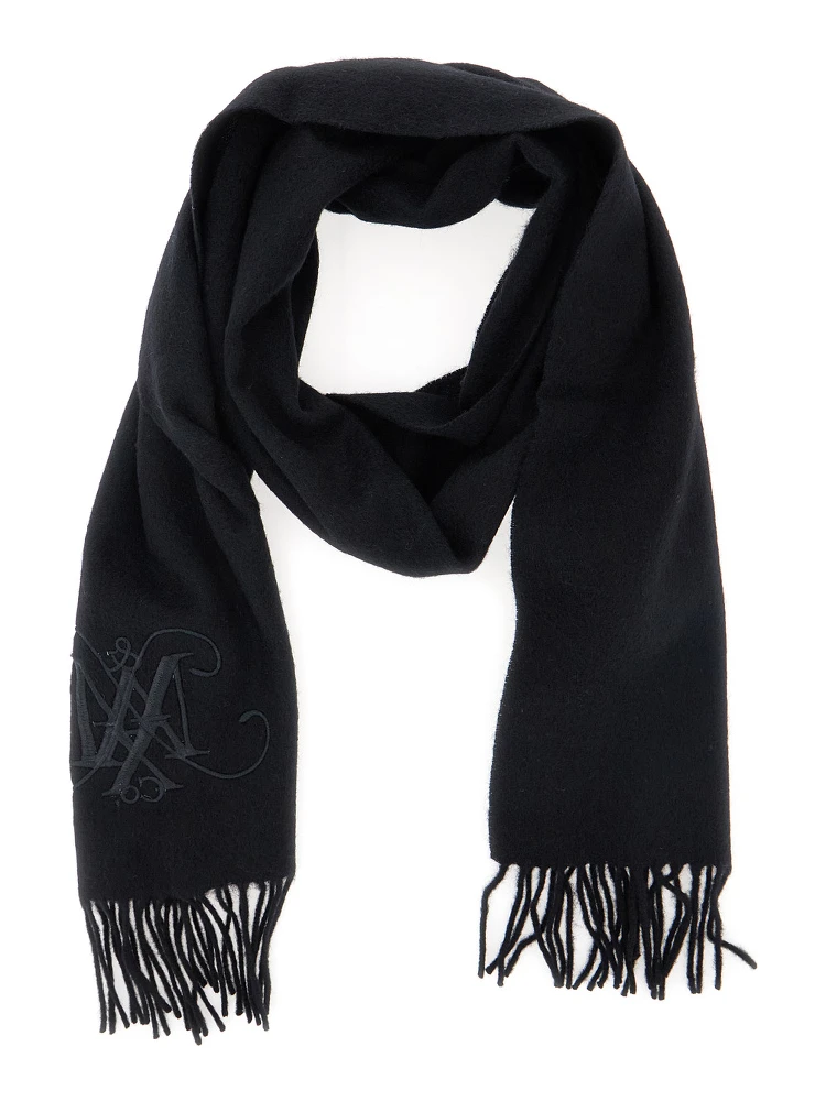 Black Scarf with Logo Embroidery on the Front and Fringed Hem in Wool Girl alternative
