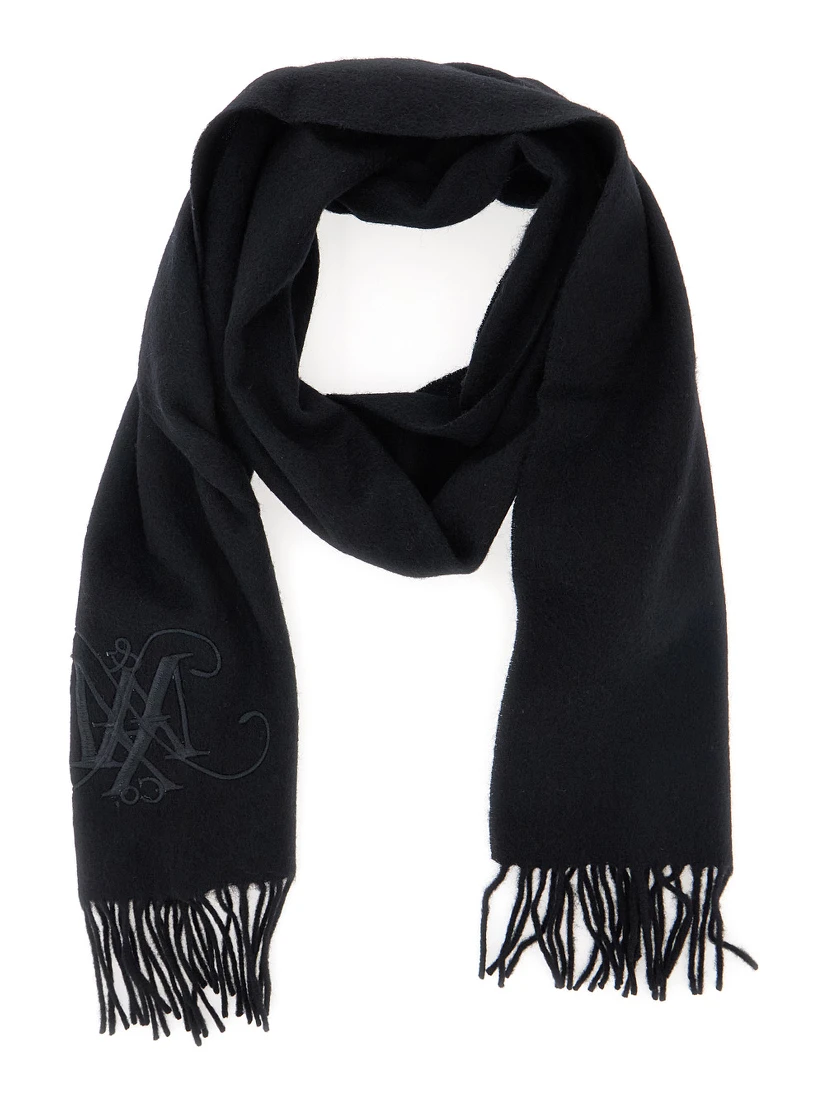 Black Scarf with Logo Embroidery on the Front and Fringed Hem in Wool Girl