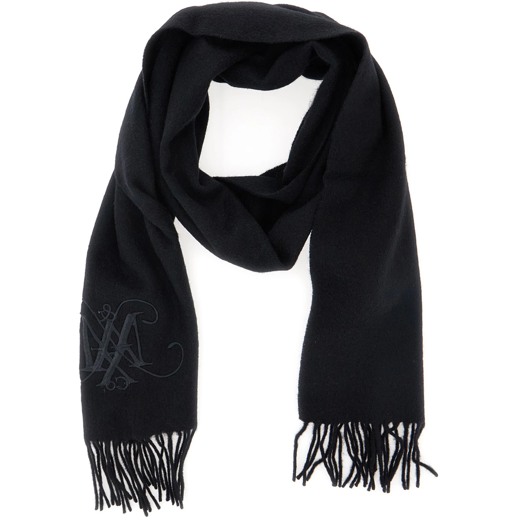 Black Scarf with Logo Embroidery on the Front and Fringed Hem in Wool Girl