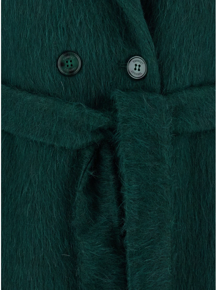 معطف أخضر مزدوج الصدر ذو طيات مشقوقة وحزام أمامي من مزيج الصوف للنساء