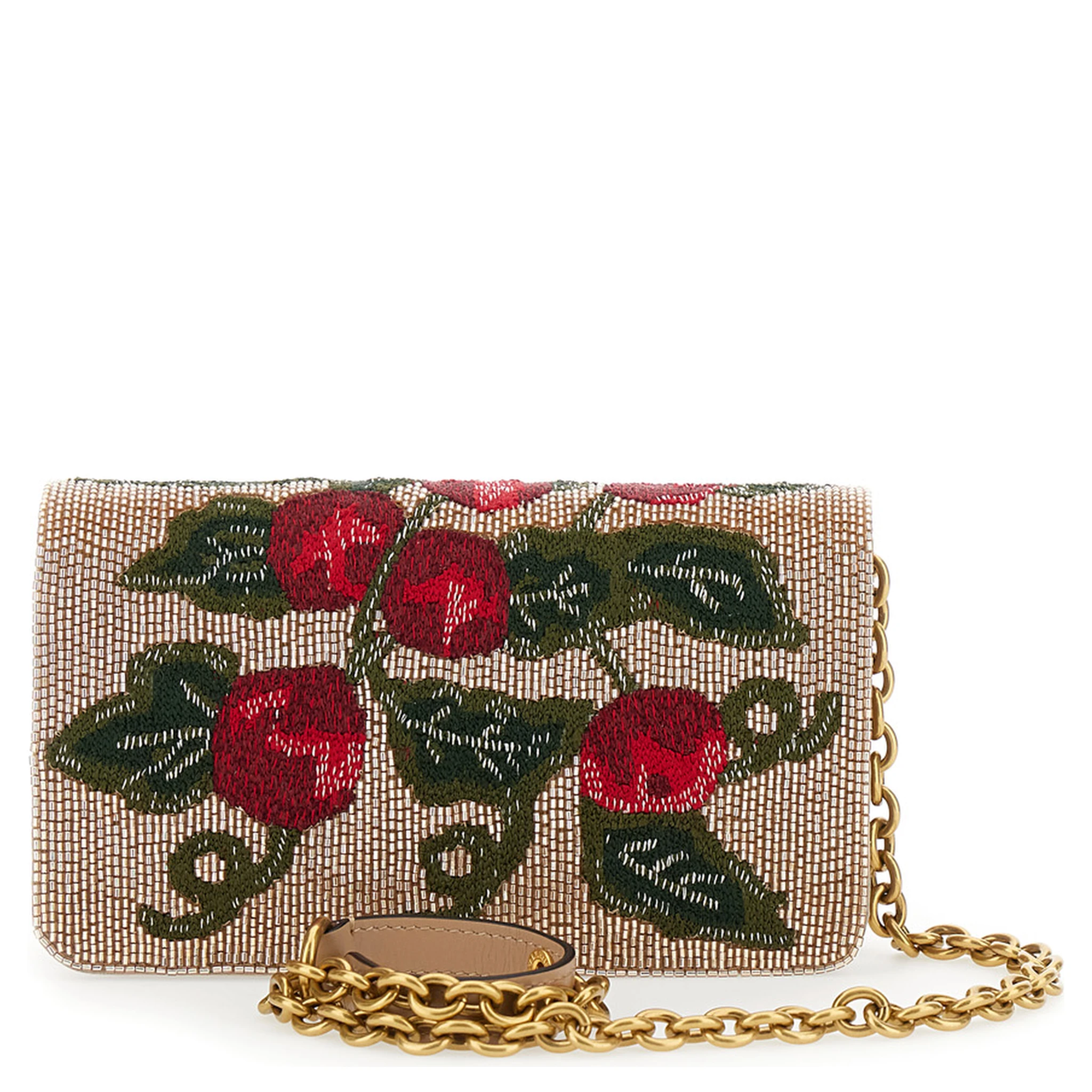 Multicolor Clutch with VLogo Plaque on the Front and All-Over Floral Embroidery in Leather Woman
