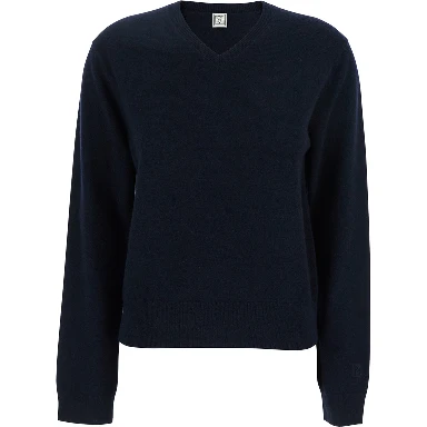 Blue Sweater with V Neck in Cashmere Woman