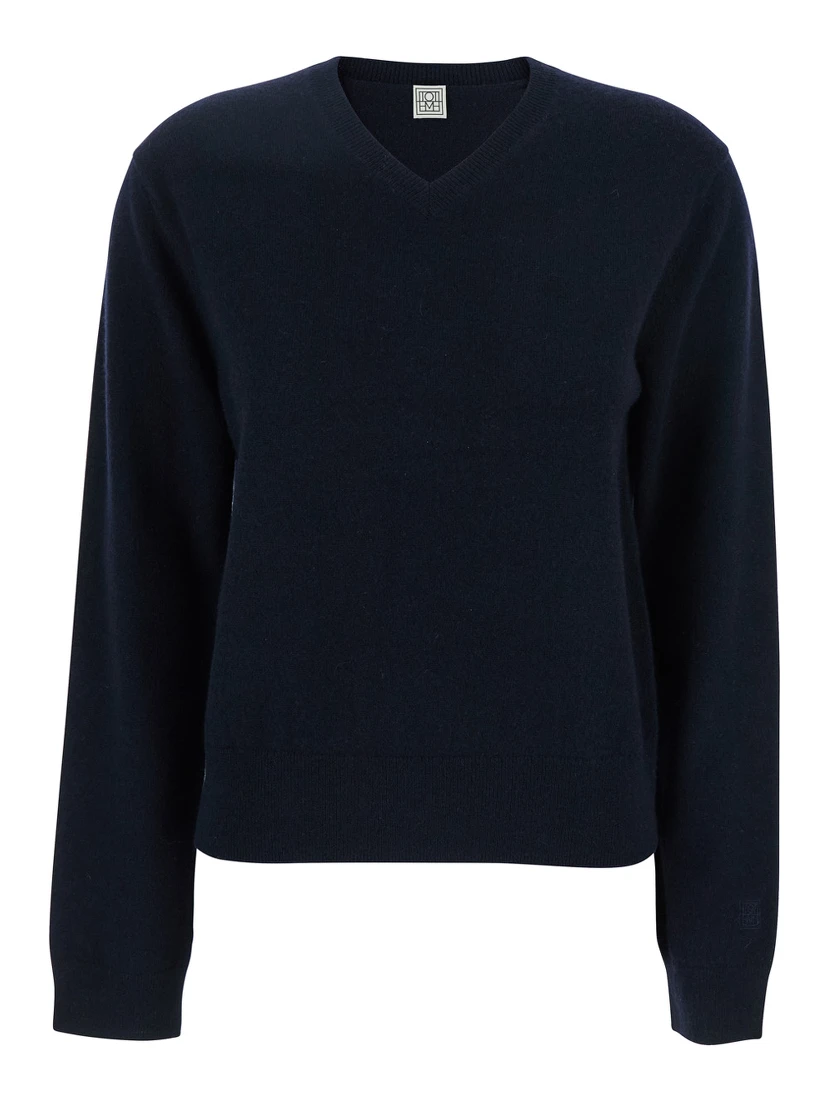 Blue Sweater with V Neck in Cashmere Woman