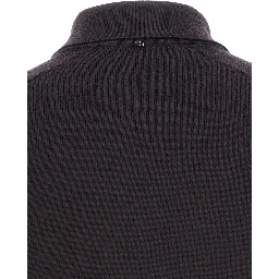 Perseo Black Cropped Cardigan with Button Down Collar and Ribbed Trims in Wool Woman