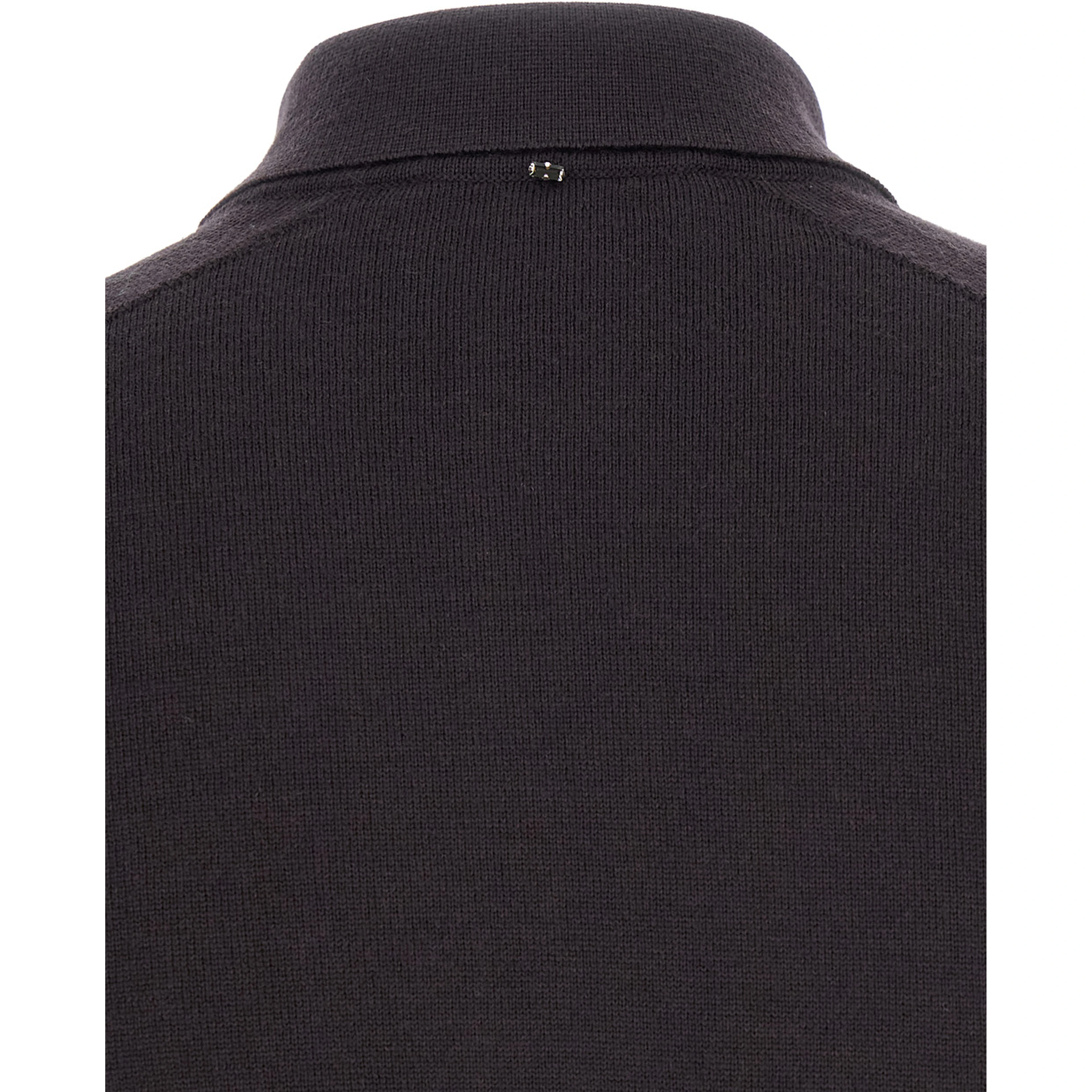 Perseo Black Cropped Cardigan with Button Down Collar and Ribbed Trims in Wool Woman