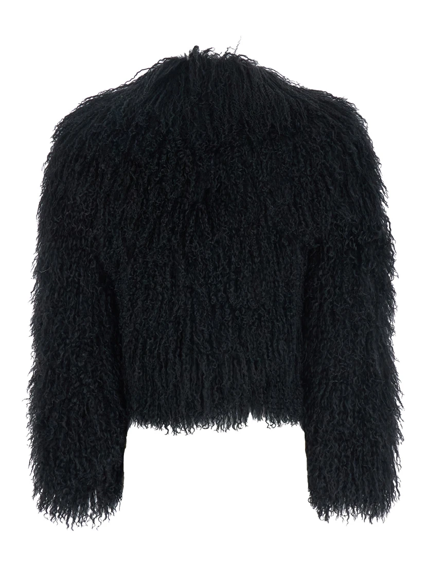 Black Cropped Fur Jacket with Concealed Front Closure in Shearling Fur Woman