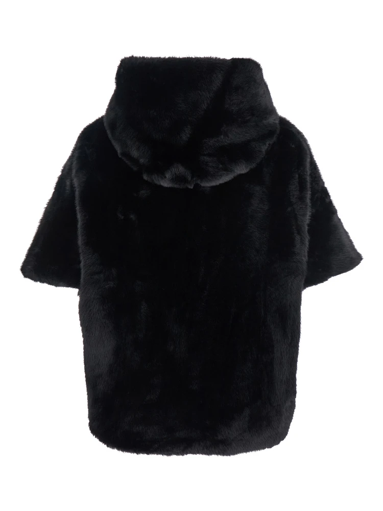 Leonie Black Fur Jacket with Hood and Front Concealed Closure in Ecofur Woman alternative