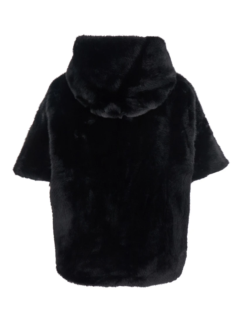 Leonie Black Fur Jacket with Hood and Front Concealed Closure in Ecofur Woman