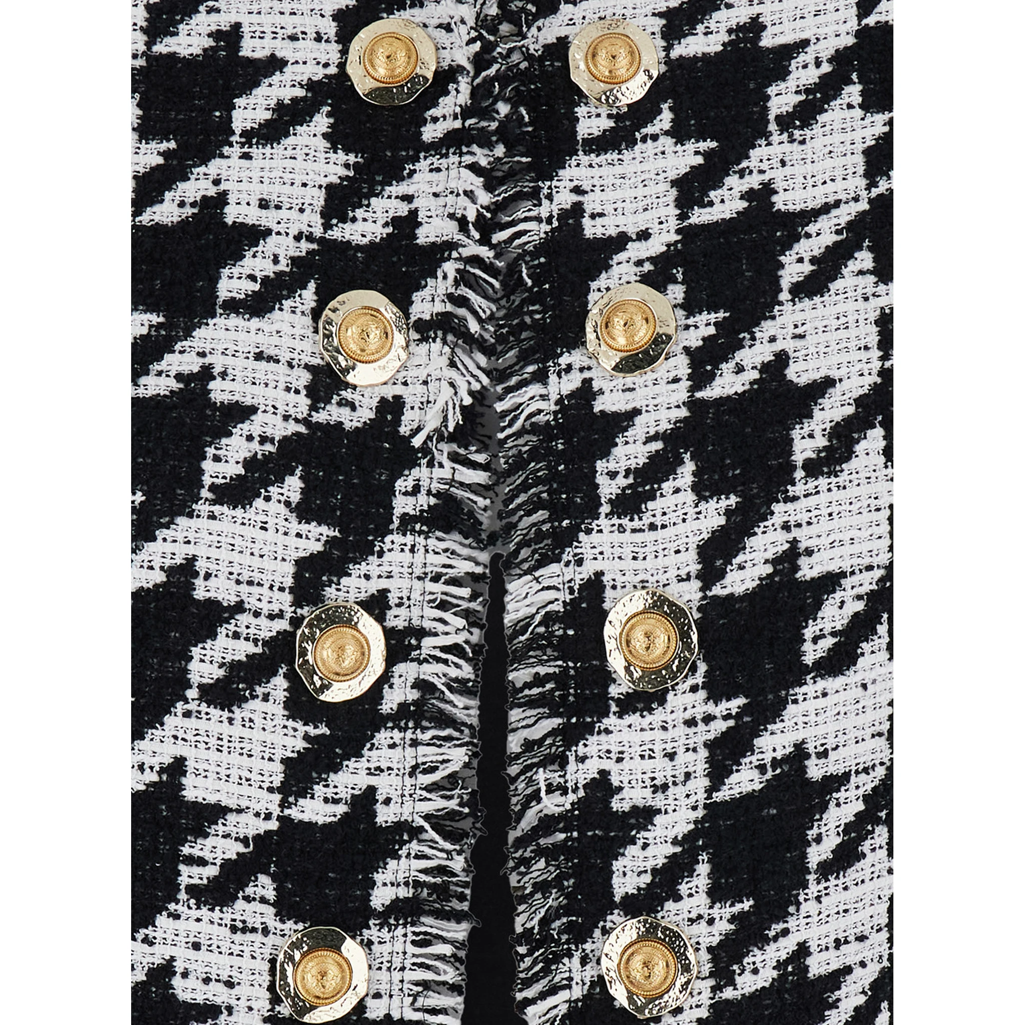 Spencer Black and White Jacket with All-Over Check Motif and Fringed Hem in Cotton Blend Woman