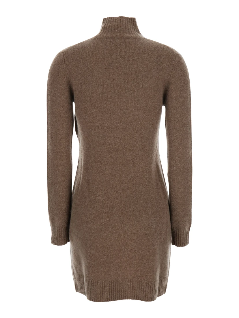 Edison Brown Dress with High Neck and Ribbed Trims in Cashmere Stretch Woman