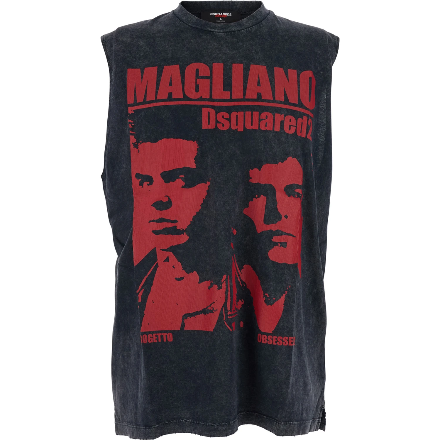 D2 x Magliano Black Crew Neck Top with Logo Lettering and Front Print in Cotton Man