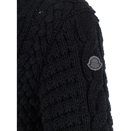 Black Turtleneck Jumper with Cable Knit and Logo Patch on the Sleeve in Merino Wool Woman