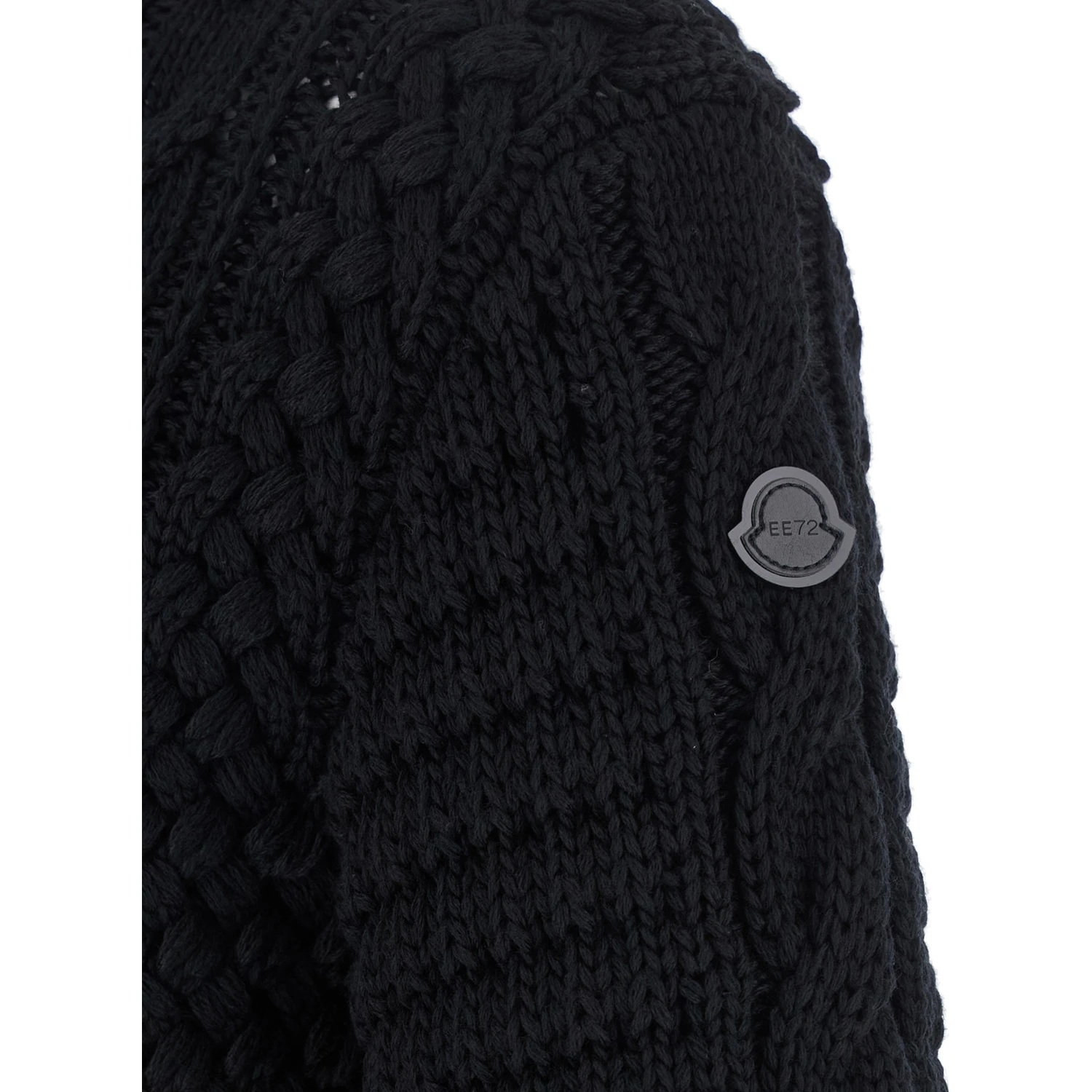 Black Turtleneck Jumper with Cable Knit and Logo Patch on the Sleeve in Merino Wool Woman