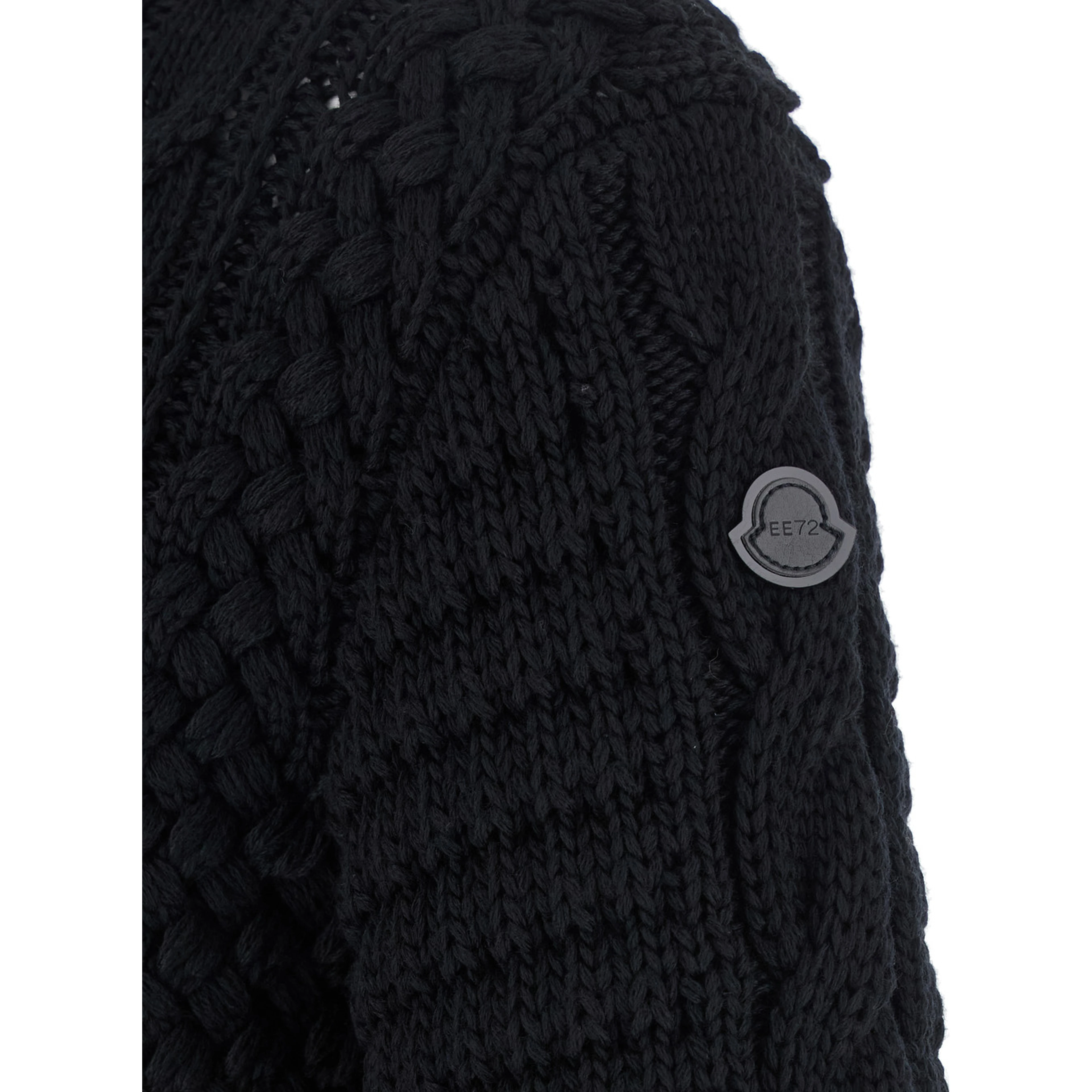 Black Turtleneck Jumper with Cable Knit and Logo Patch on the Sleeve in Merino Wool Woman