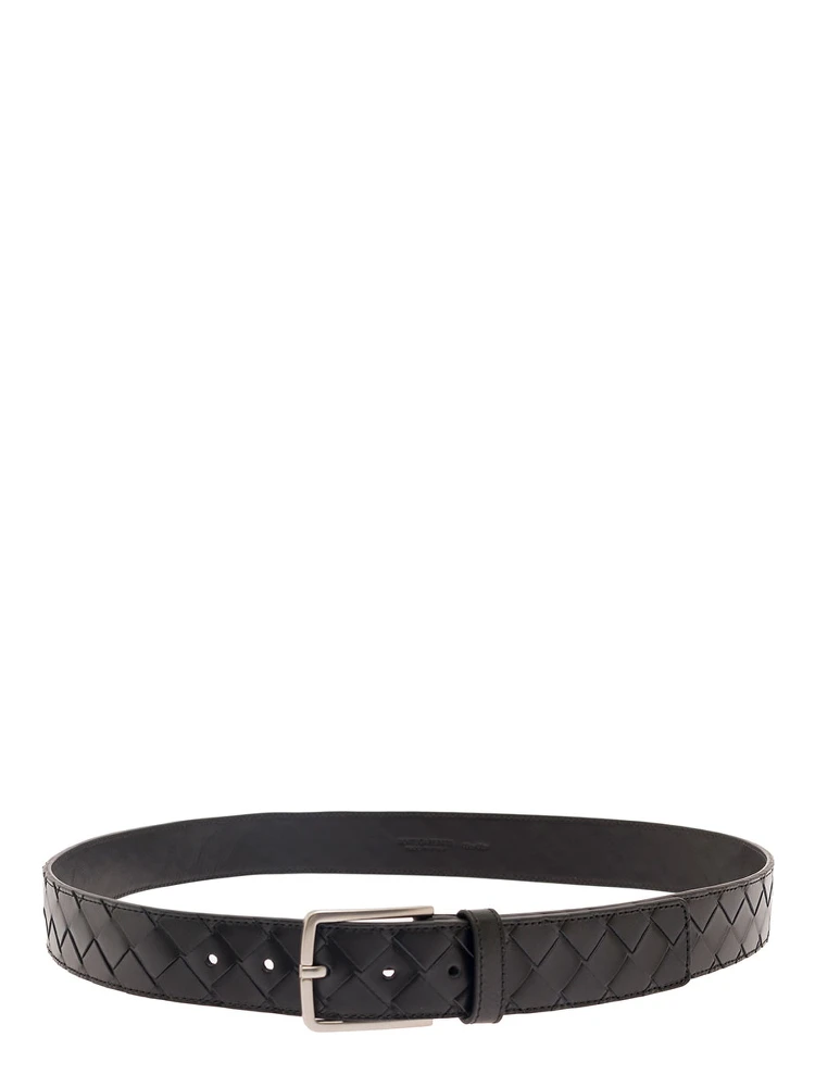 Black Belt with Silver-Colored Buckle in Intreccio Leather Man