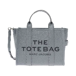 The Medium Tote Bag Grey Shoulder Bag with Logo in Grainy Leather Woman