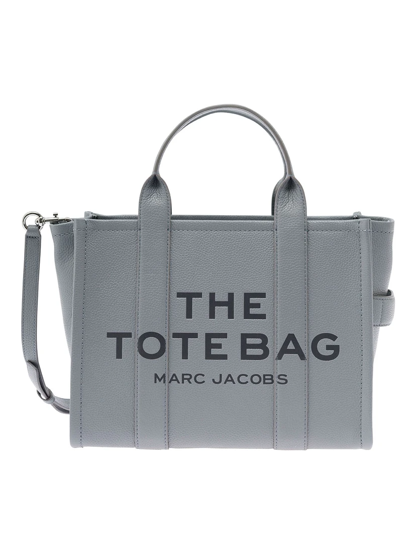 The Medium Tote Bag Grey Shoulder Bag with Logo in Grainy Leather Woman