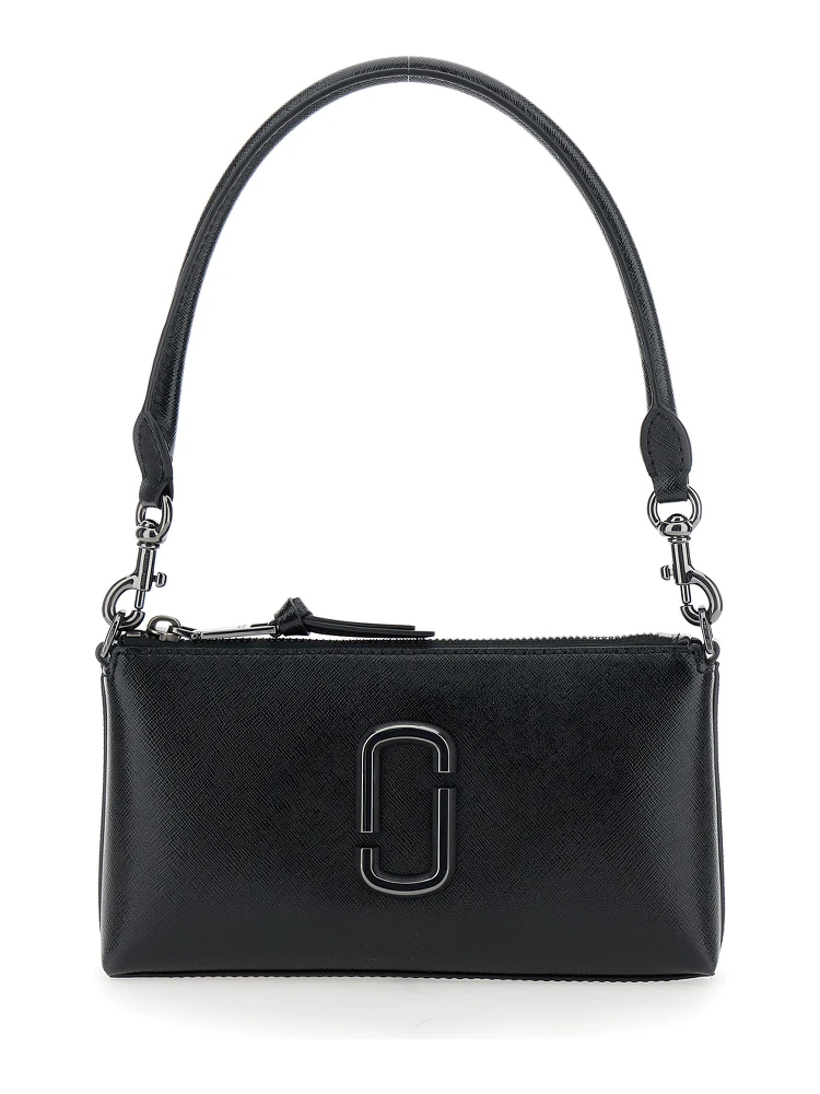 The Pochette Black Shoulder Bag with Removable Top Handle and Front Plaque in Leather Woman