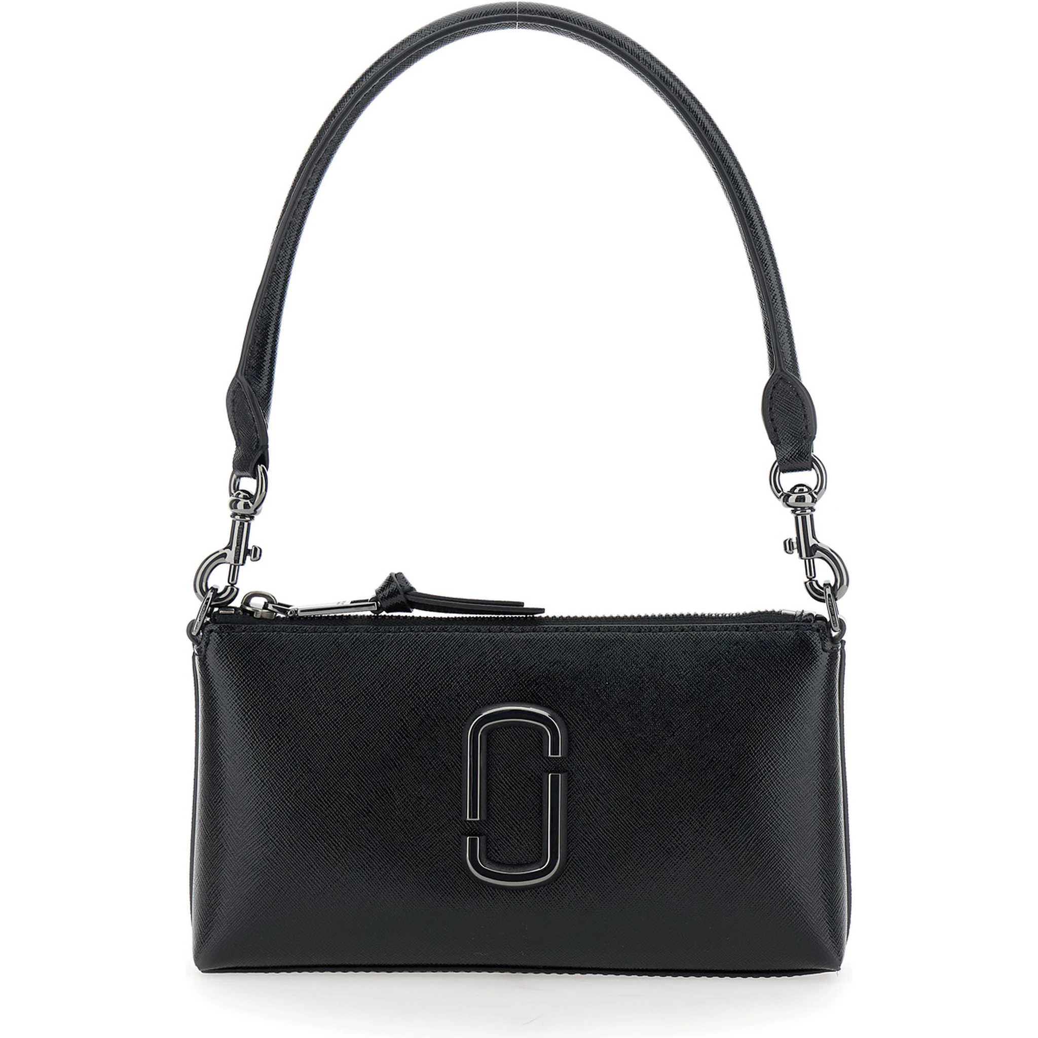 The Pochette Black Shoulder Bag with Removable Top Handle and Front Plaque in Leather Woman