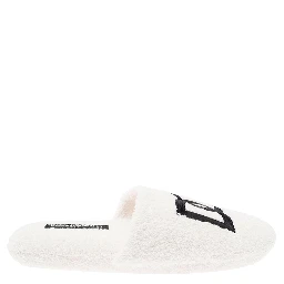 White Slippers with Contrasting Logo Embroidery in Terry Cotton Home