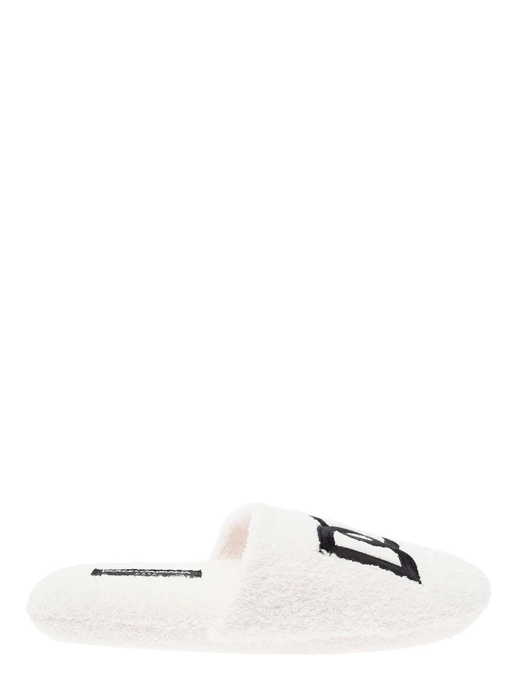 White Slippers with Contrasting Logo Embroidery in Terry Cotton Home