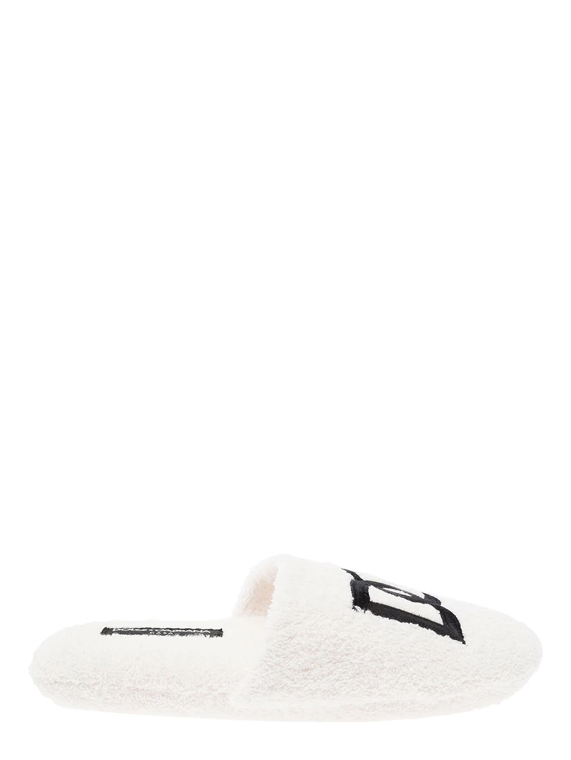 White Slippers with Contrasting Logo Embroidery in Terry Cotton Home
