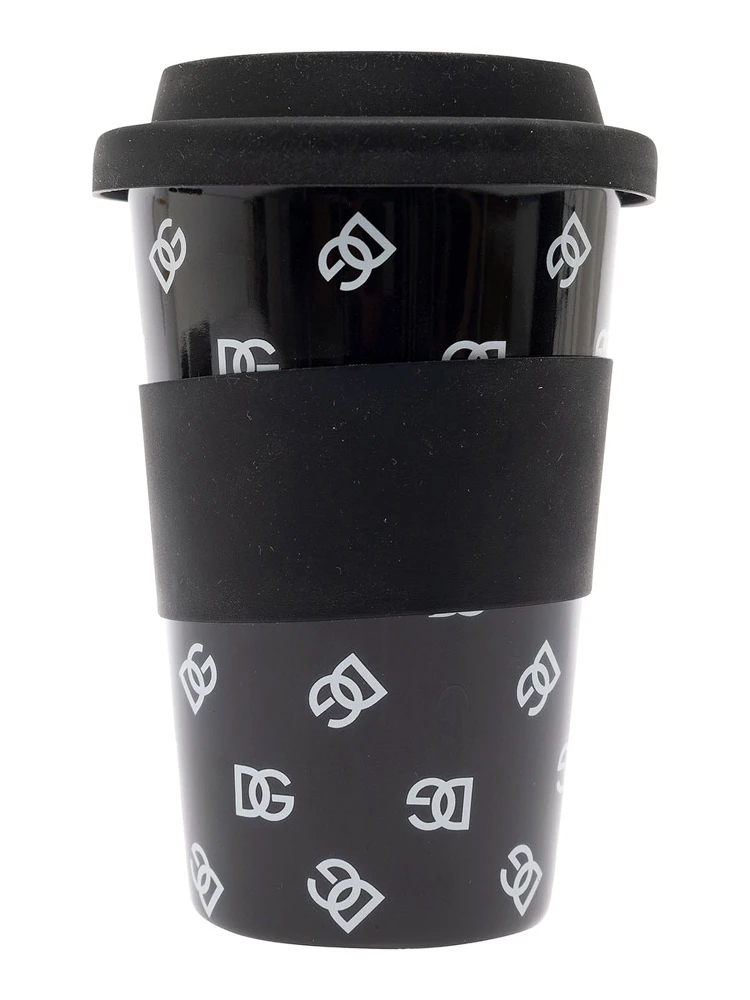 Black Mug with Lid and All-Over Logo Detail in Porcelain and Sylicon Home