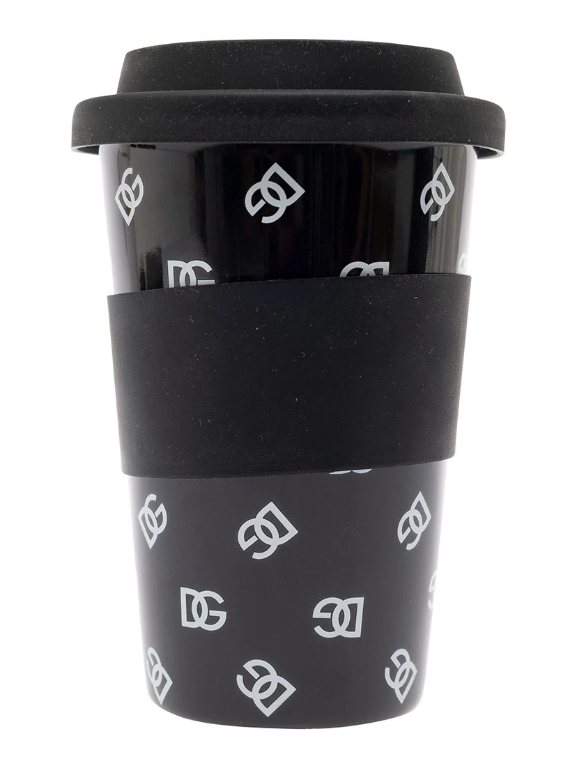 Black Mug with Lid and All-Over Logo Detail in Porcelain and Sylicon Home