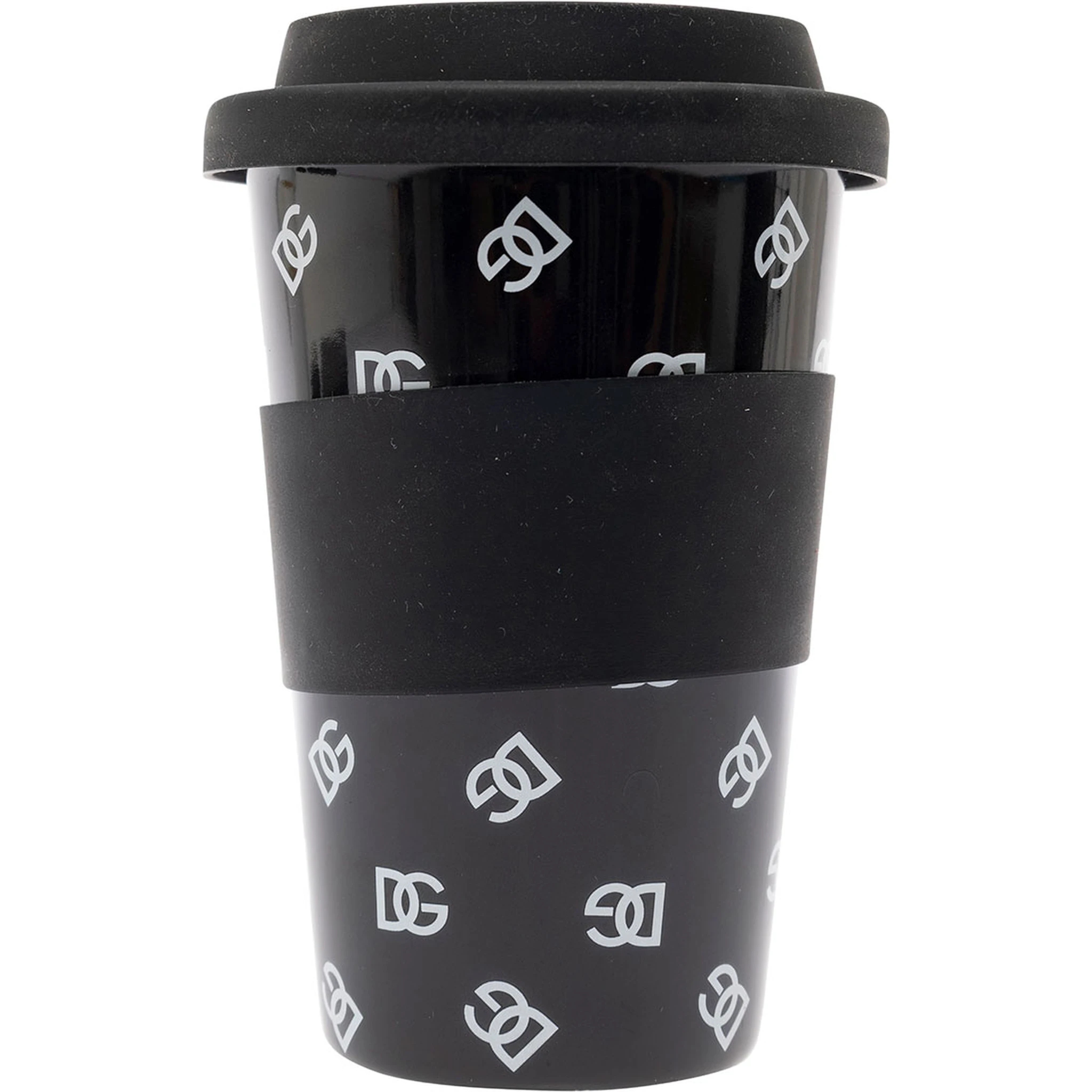 Black Mug with Lid and All-Over Logo Detail in Porcelain and Sylicon Home