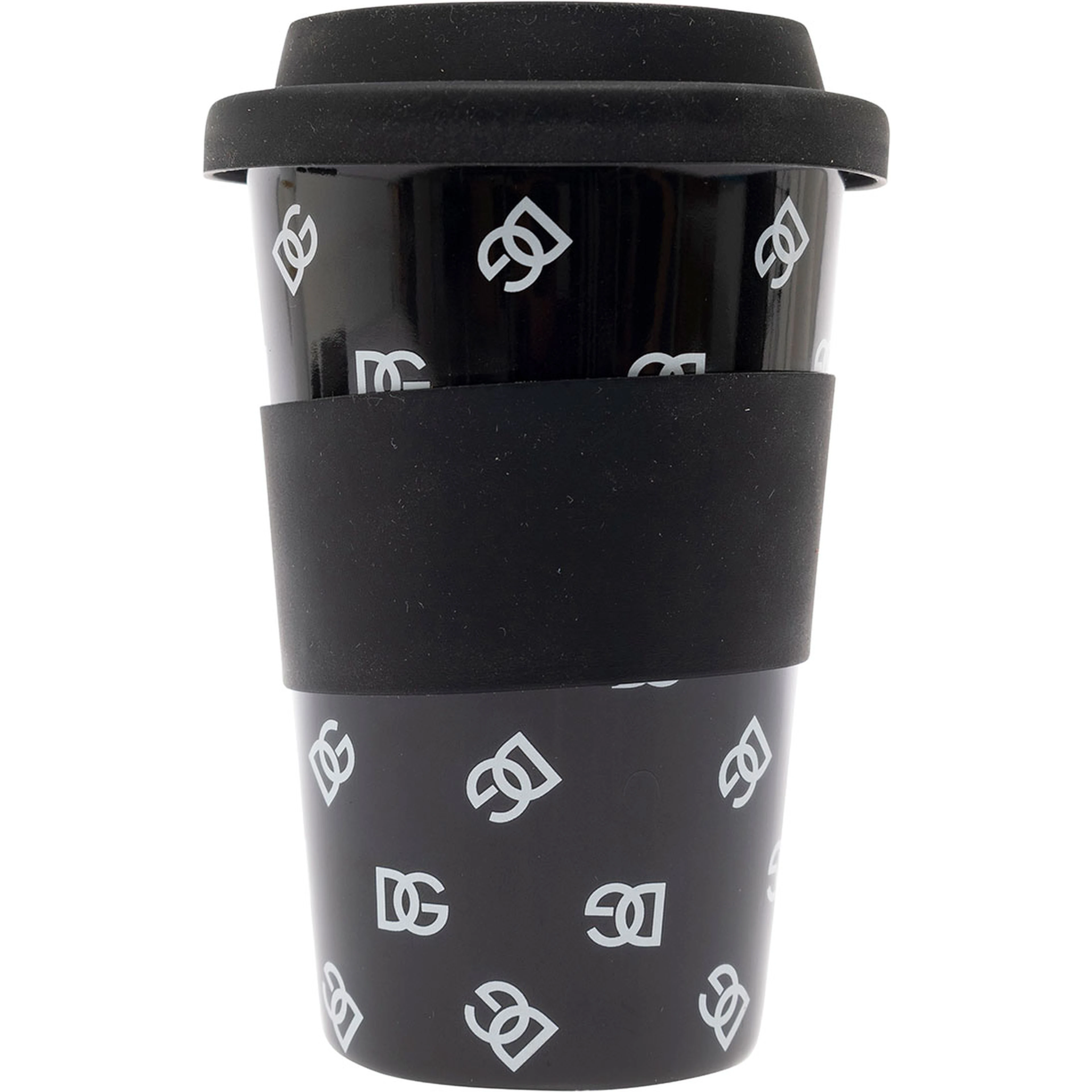 Black Mug with Lid and All-Over Logo Detail in Porcelain and Sylicon Home
