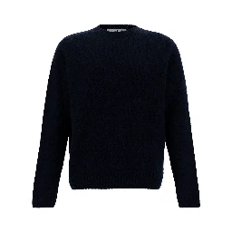 Blue Crewneck Sweater with Ribbed Trims in Alpaca and Wool Woman