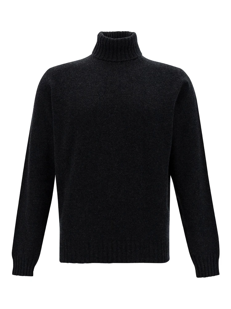 Grey Turtleneck Sweater with Ribbed Trims in Wool and Cashmere Man