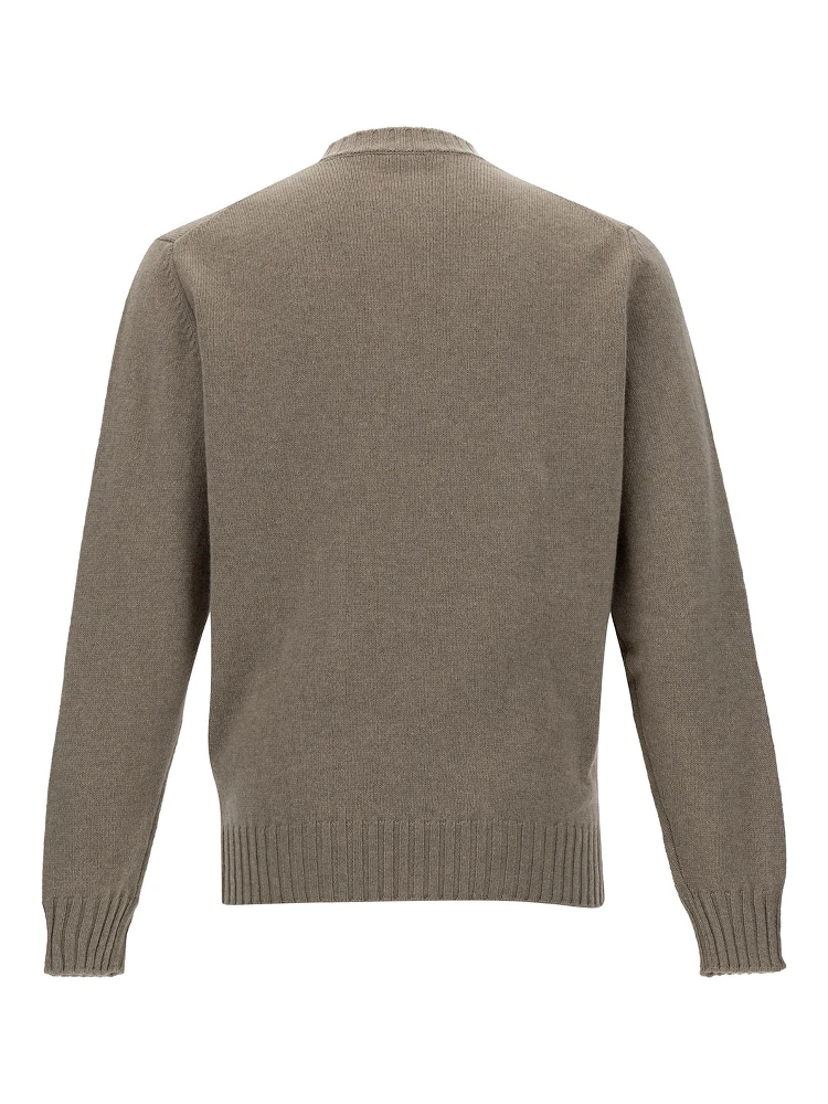 Beige Sweater with V Neck and Ribbed Trims in Wool and Cashmere Man