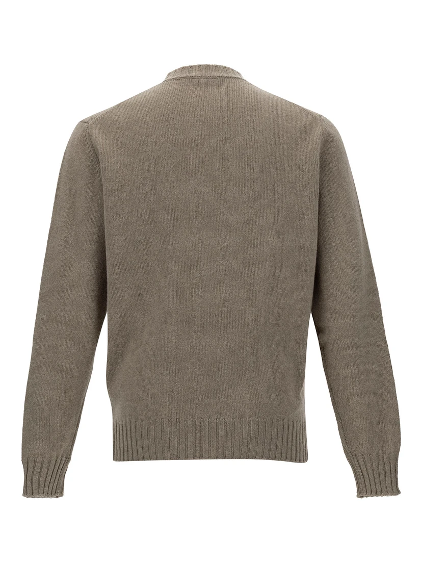 Beige Sweater with V Neck and Ribbed Trims in Wool and Cashmere Man
