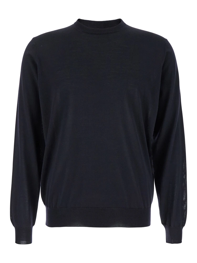 Blue Crewneck Sweater with Ribbed Trims in Wool Man