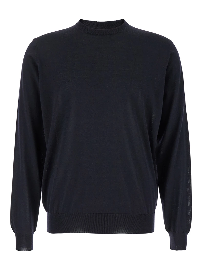 Blue Crewneck Sweater with Ribbed Trims in Wool Man