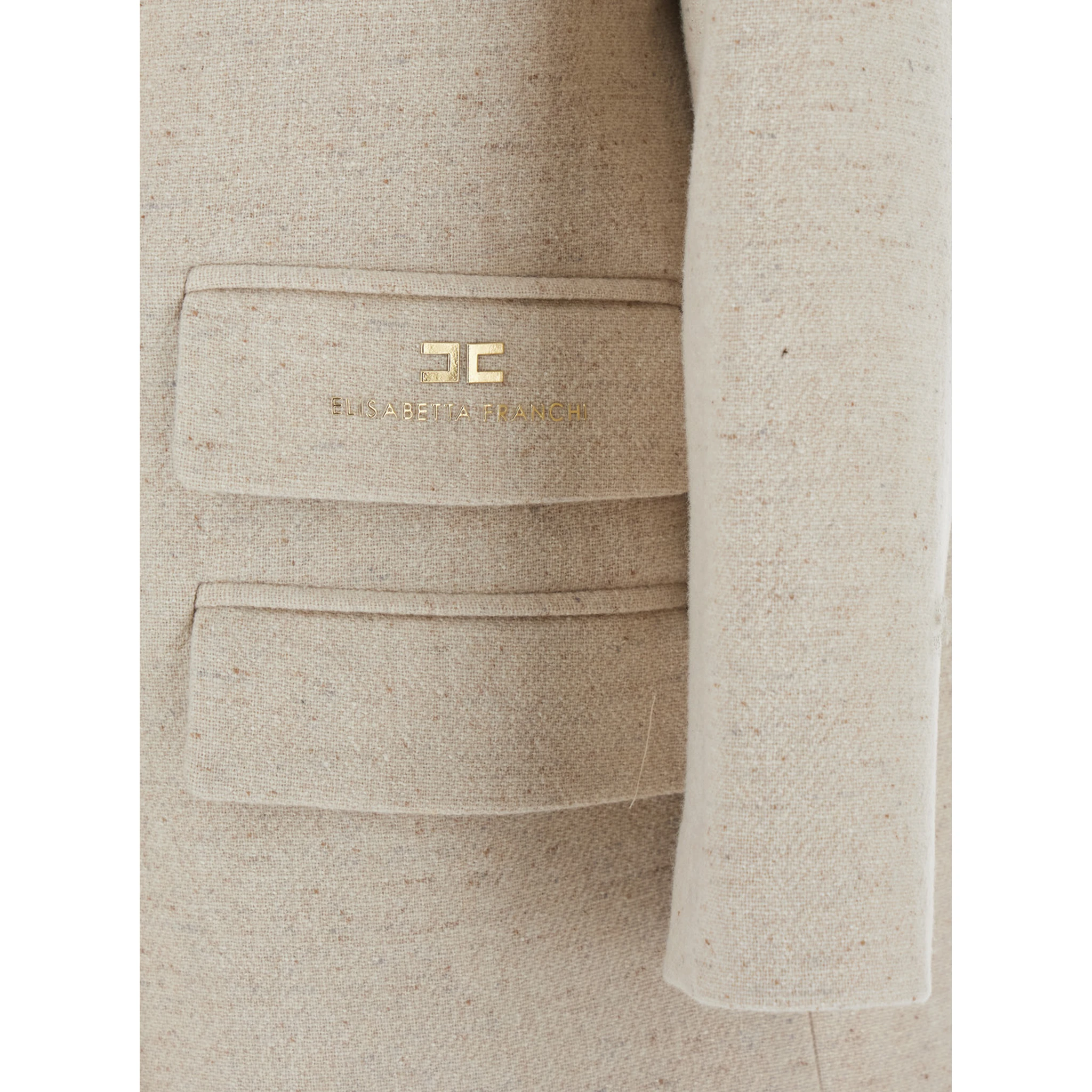 White Coat with Wide Lapels and Logo Printed on the Side in Wool and Silk Blend Woman