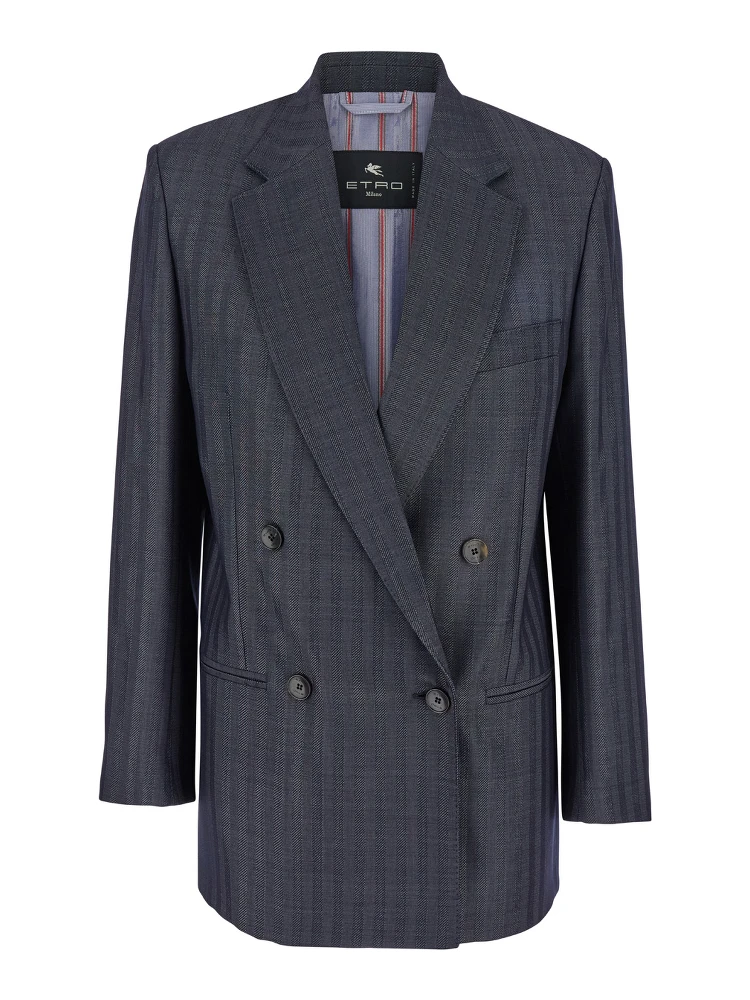 Grey Oversized Double-Breasted Jacket with Wide Revers in Wool Blend Woman