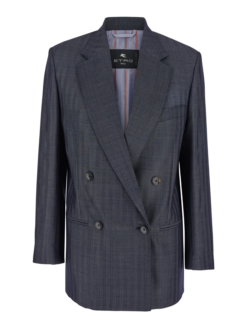 Grey Oversized Double-Breasted Jacket with Wide Revers in Wool Blend Woman