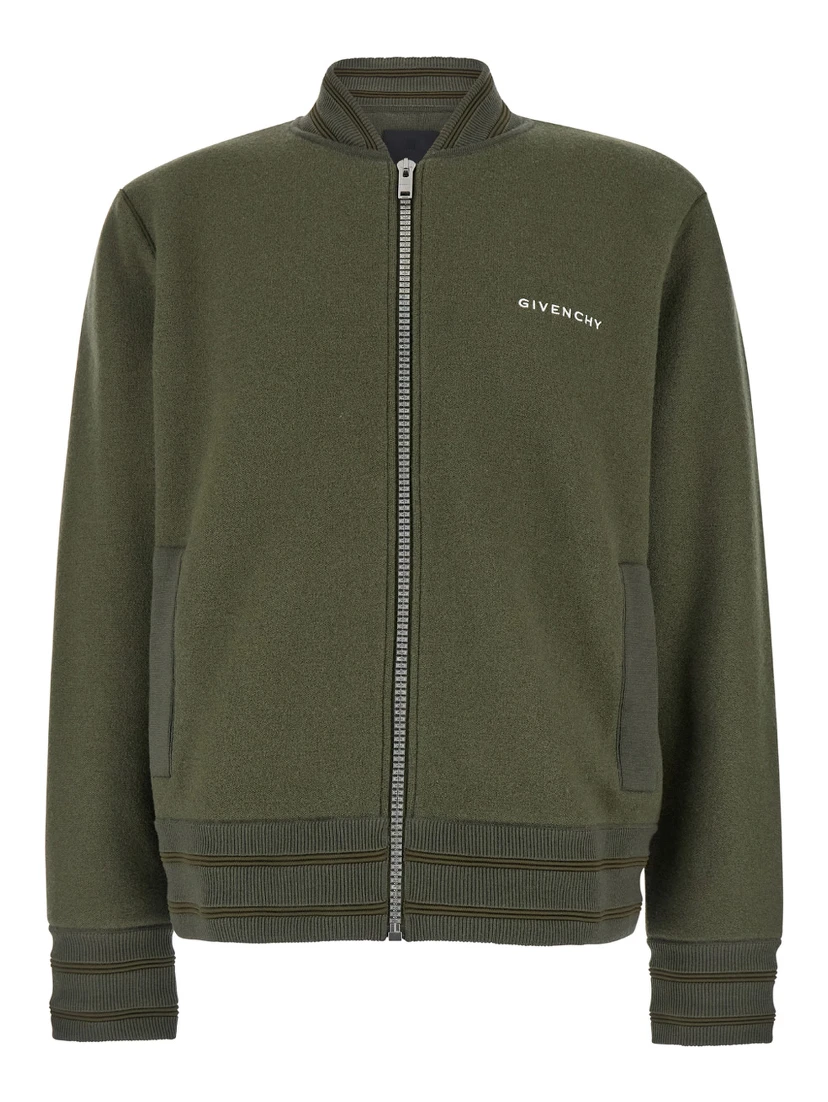 Green Sweatshirt with Bomber Collar and 4G Logo in Wool Man