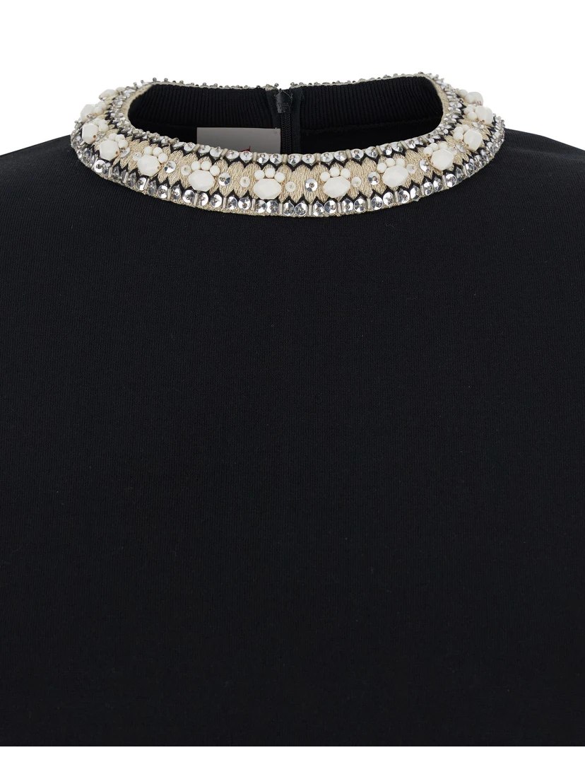Black Crewneck Dress with Jewel Embellishment on the Collar in Viscose Blend Woman