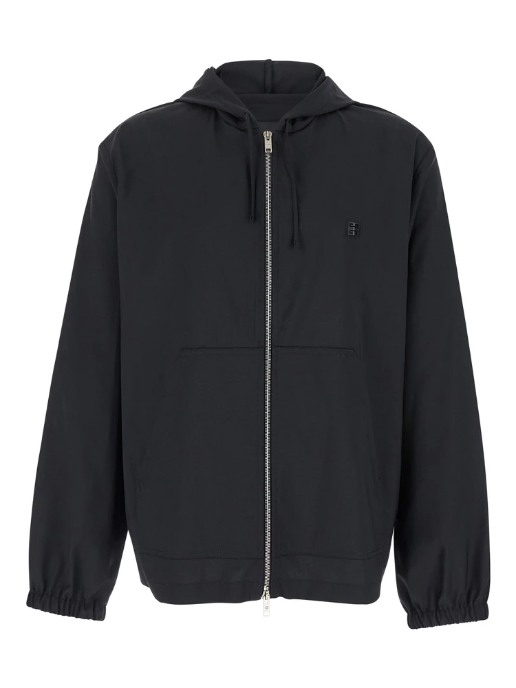 Black Zip-Up Hoodie with Logo Detail in Wool Man