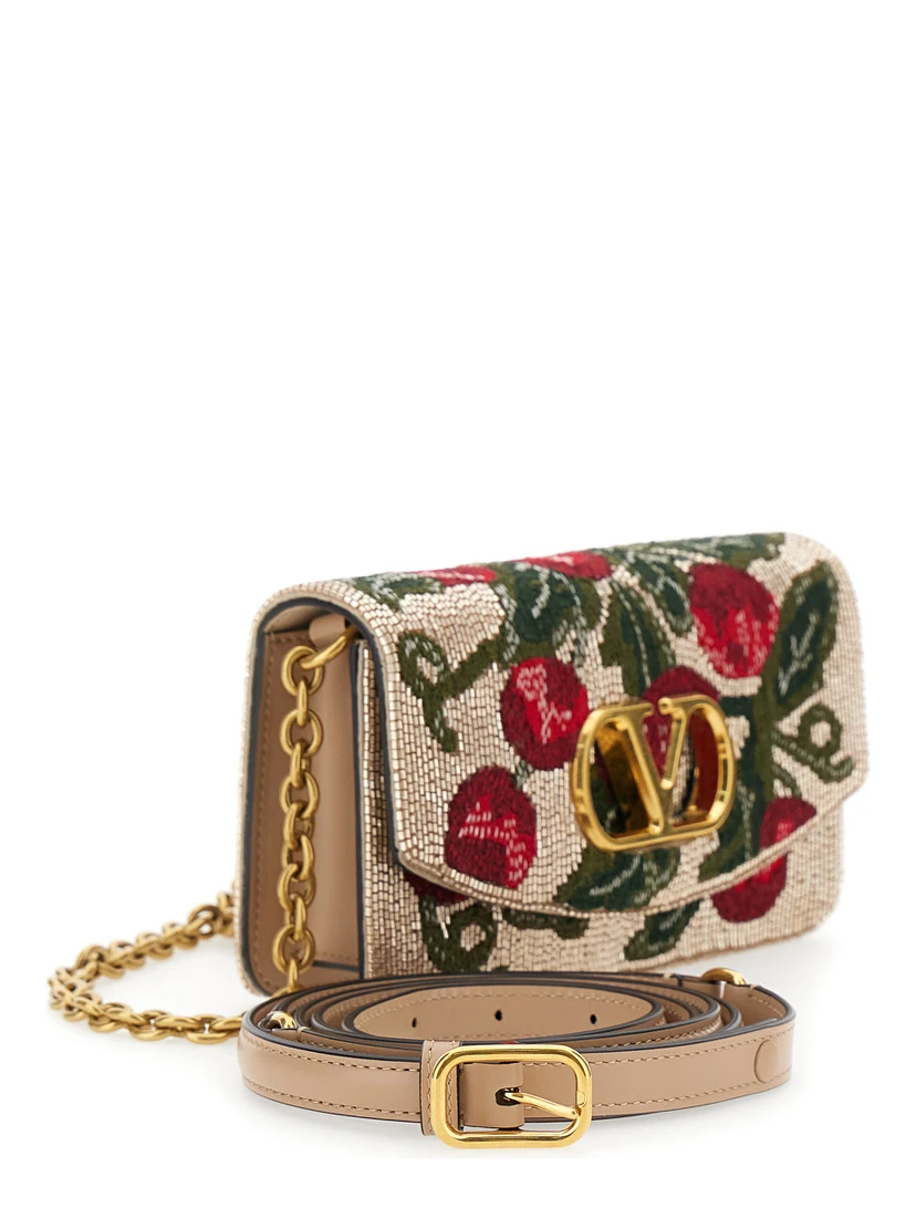 Multicolor Clutch with VLogo Plaque on the Front and All-Over Floral Embroidery in Leather Woman