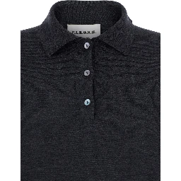 Grey Polo Shirt with Classic Collar and Long Sleeves in Wool Woman