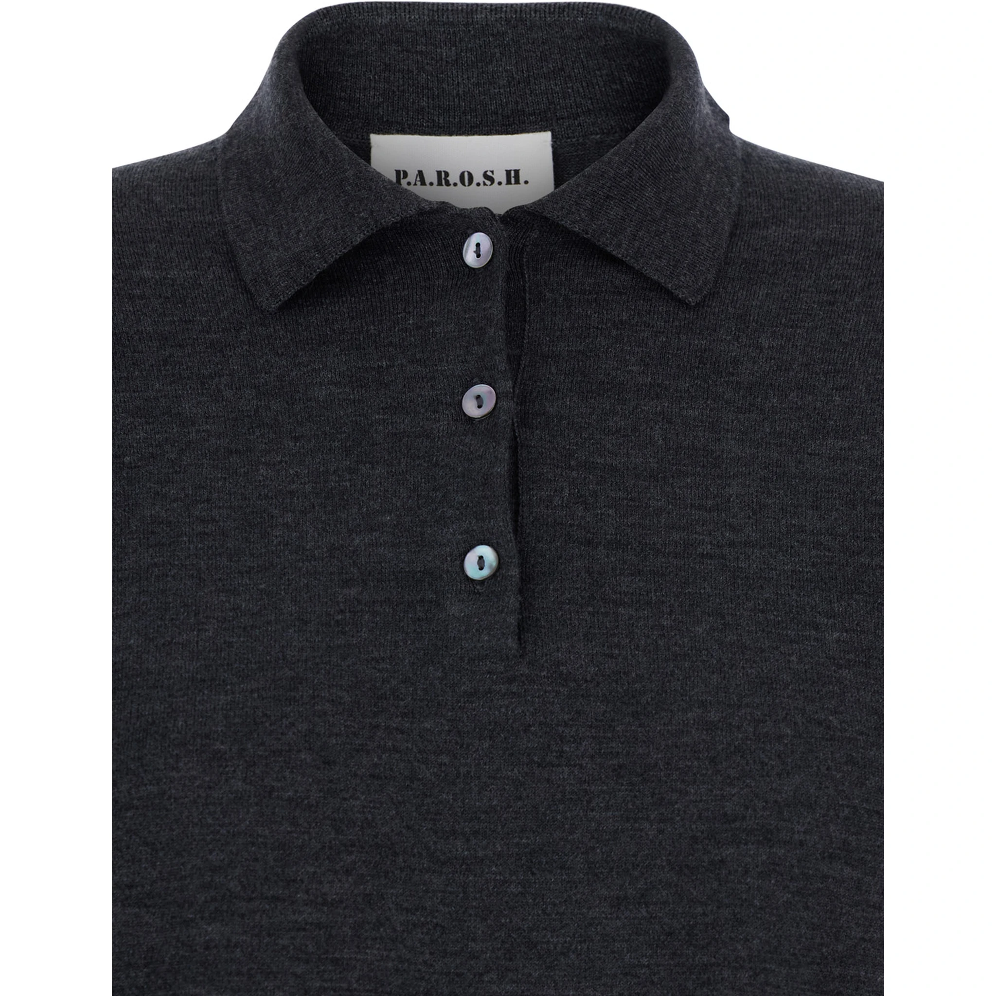 Grey Polo Shirt with Classic Collar and Long Sleeves in Wool Woman