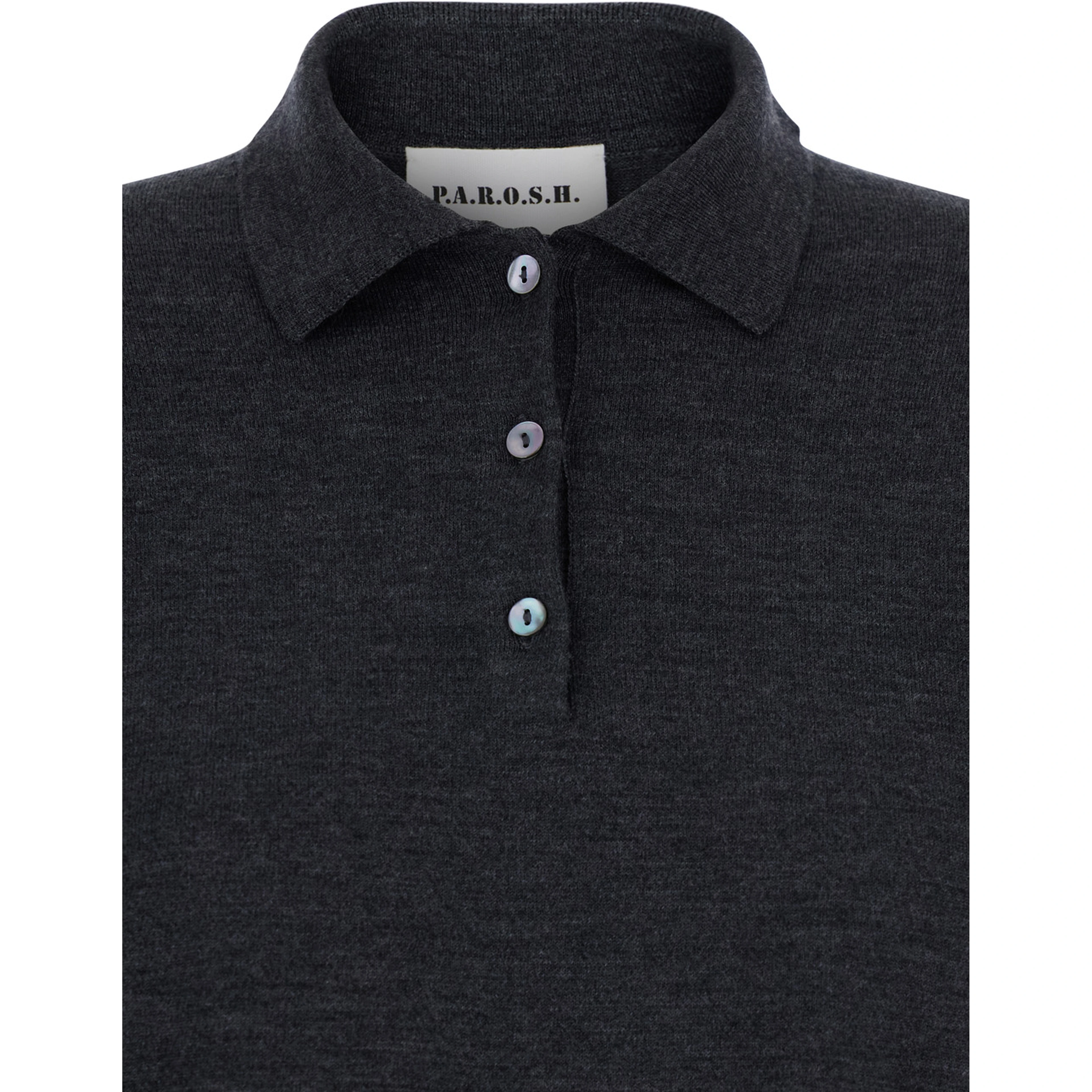 Grey Polo Shirt with Classic Collar and Long Sleeves in Wool Woman